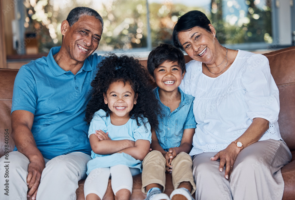 Smile, portrait and grandparents with children on sofa for happy, bonding and peace on holiday. Love