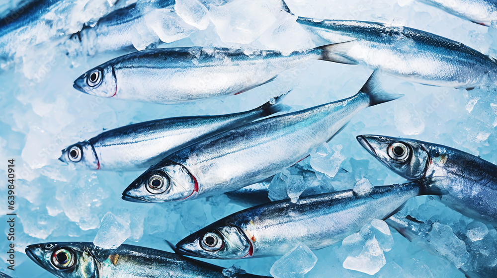  Fresh sardines on ice. Seafood background. Generative AI