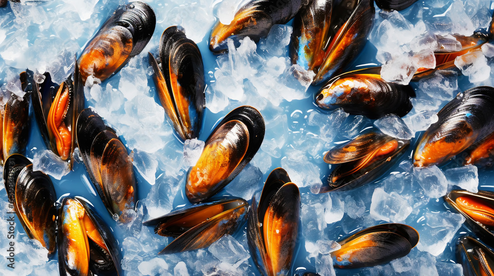 Raw Mussels on ice in the restaurant . Fresh seafood shellfish background. Generative AI