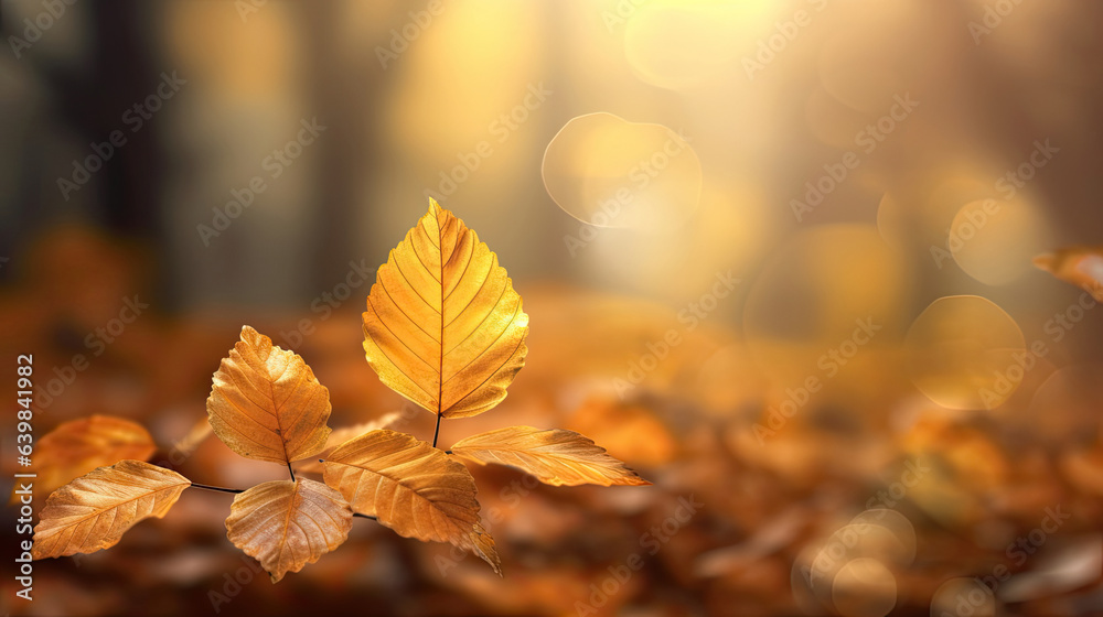 Autumn beech leaves decorate a beautiful nature bokeh background with forest ground. Generative Ai