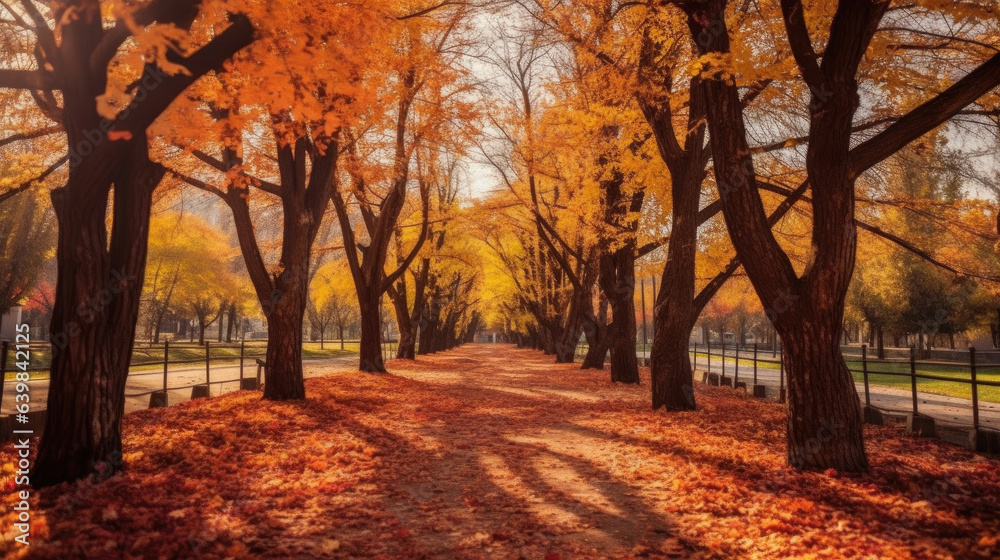 Autumn forest path. Orange color tree, red brown maple leaves in fall city park. Generative Ai