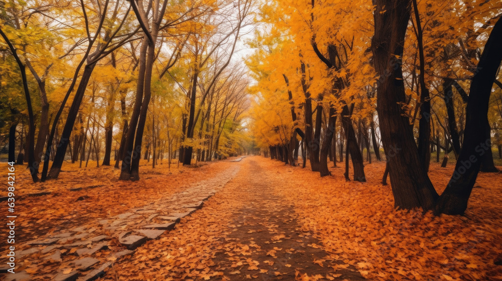 Autumn forest path. Orange color tree, red brown maple leaves in fall city park. Generative Ai