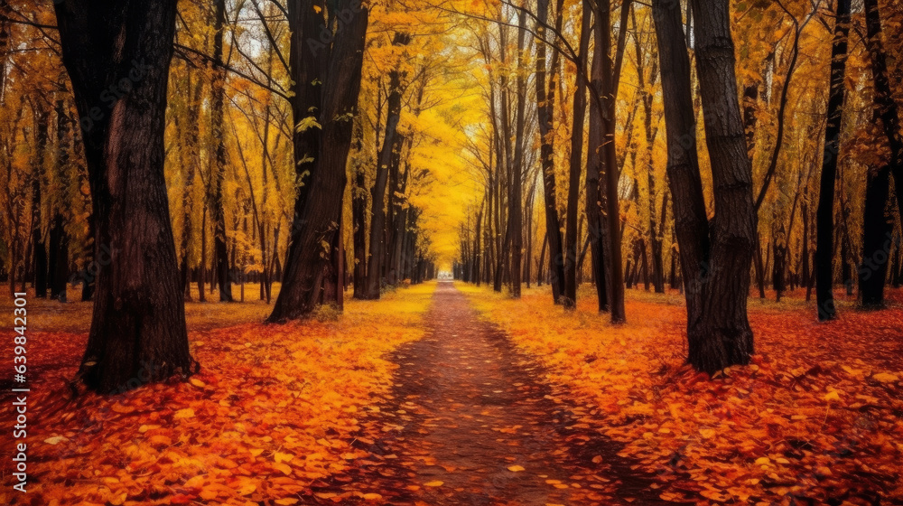 Autumn forest scenery with road of fall leaves & warm light illumining the gold foliage. Footpath in