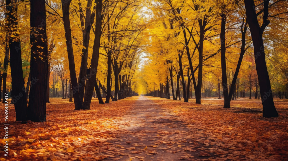 Autumn forest scenery with road of fall leaves & warm light illumining the gold foliage. Footpath in