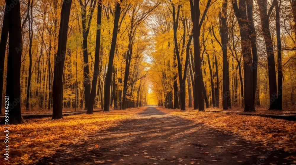 Autumn forest scenery with road of fall leaves & warm light illumining the gold foliage. Footpath in