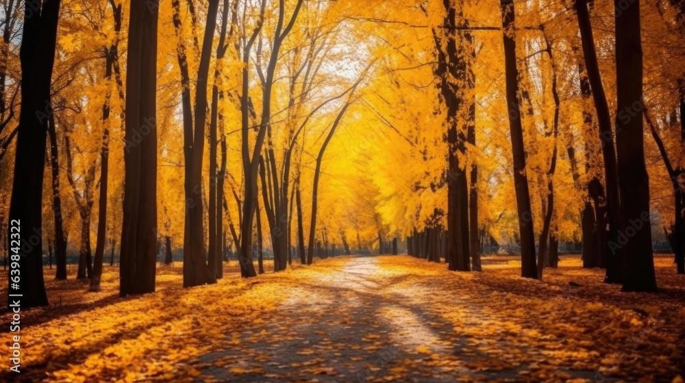 Autumn forest scenery with road of fall leaves & warm light illumining the gold foliage. Footpath in