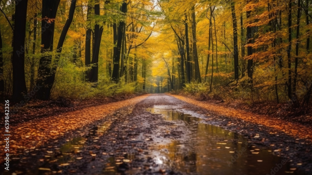 Autumn forest scenery with road of fall leaves & warm light illumining the gold foliage. Footpath in