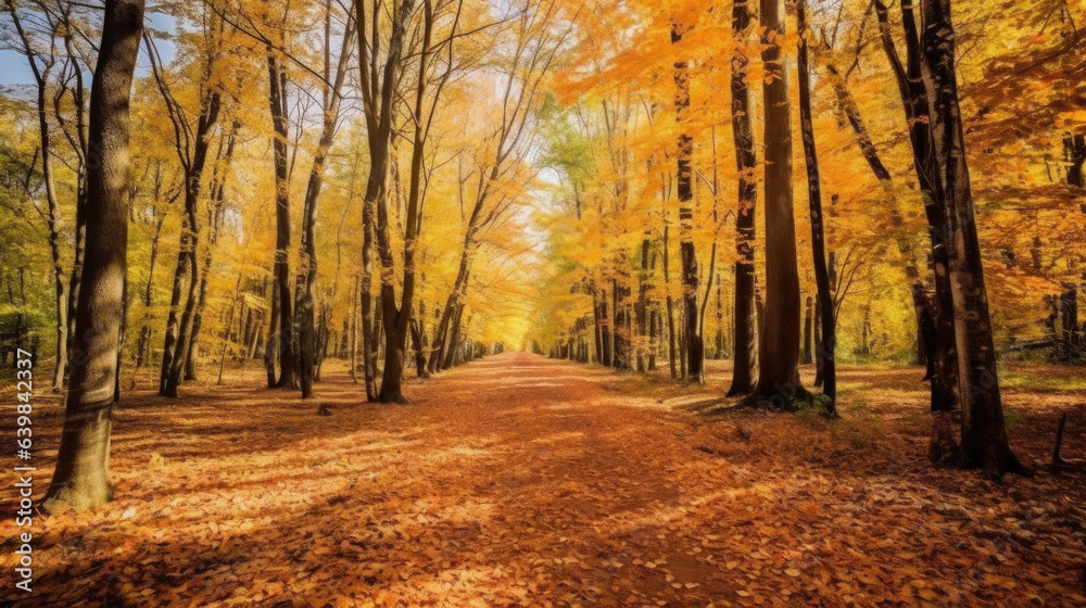 Autumn forest scenery with road of fall leaves & warm light illumining the gold foliage. Footpath in