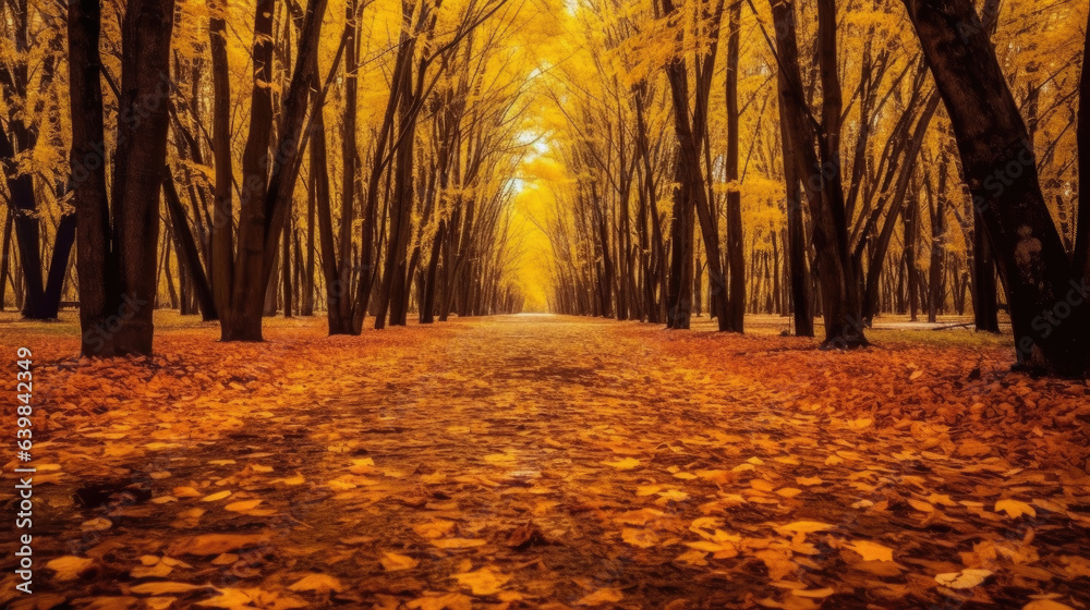 Autumn forest scenery with road of fall leaves & warm light illumining the gold foliage. Footpath in