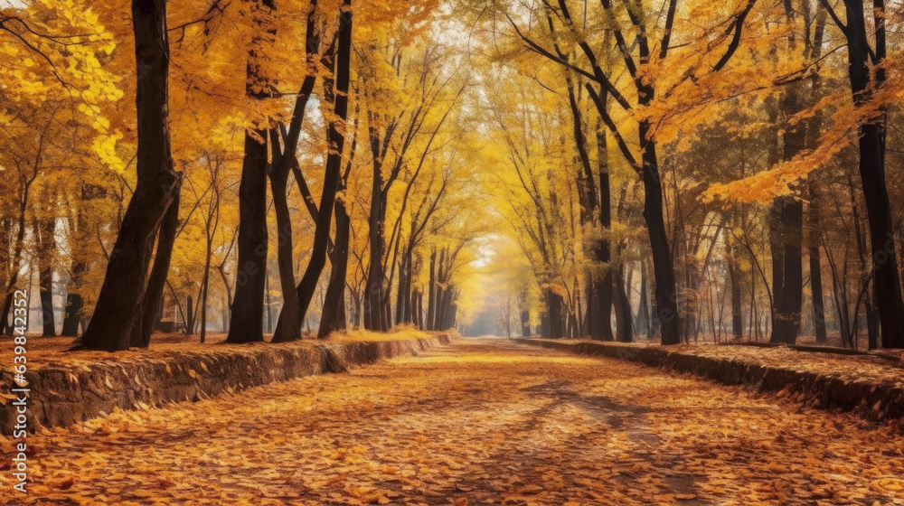 Autumn forest scenery with road of fall leaves & warm light illumining the gold foliage. Footpath in