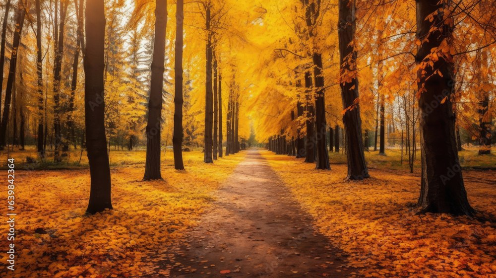 Autumn forest scenery with road of fall leaves & warm light illumining the gold foliage. Footpath in