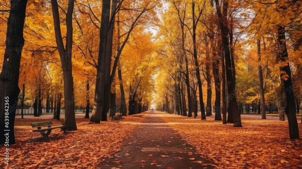 Autumn forest scenery with road of fall leaves & warm light illumining the gold foliage. Footpath in