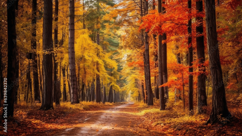 Autumn forest scenery with road of fall leaves & warm light illumining the gold foliage. Footpath in