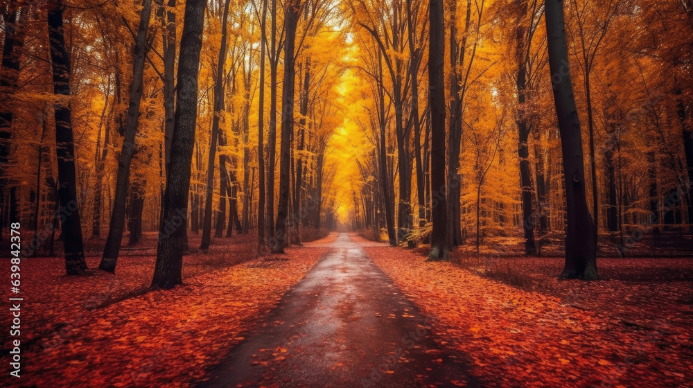 Autumn forest scenery with road of fall leaves & warm light illumining the gold foliage. Footpath in