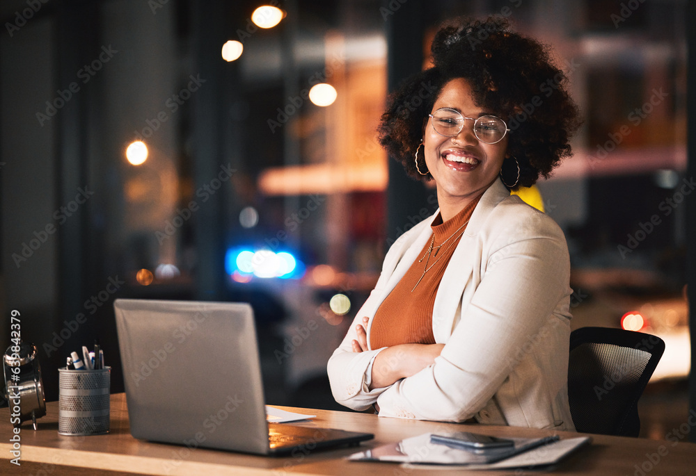 Business woman, portrait and arms crossed on computer for night planning, marketing research and onl