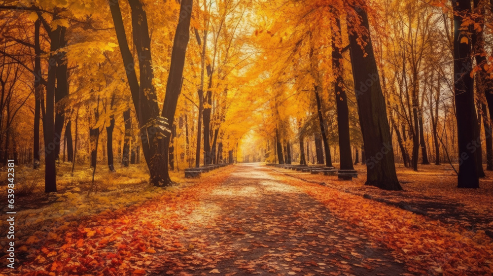 Autumn forest scenery with road of fall leaves & warm light illumining the gold foliage. Footpath in