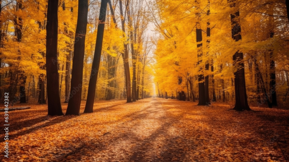 Autumn forest scenery with road of fall leaves & warm light illumining the gold foliage. Footpath in