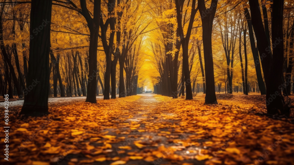 Autumn forest scenery with road of fall leaves & warm light illumining the gold foliage. Footpath in