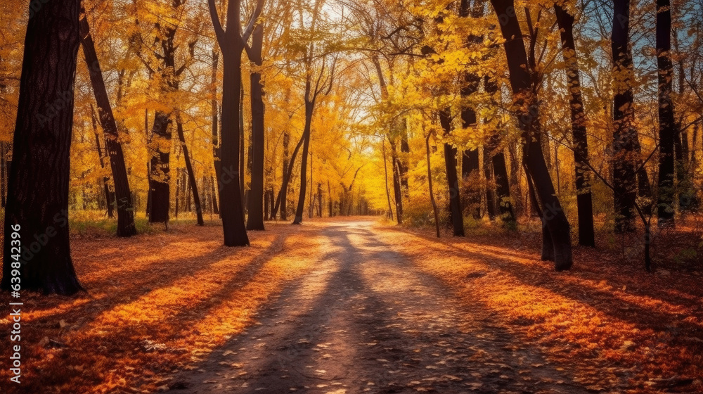 Autumn forest scenery with road of fall leaves & warm light illumining the gold foliage. Footpath in