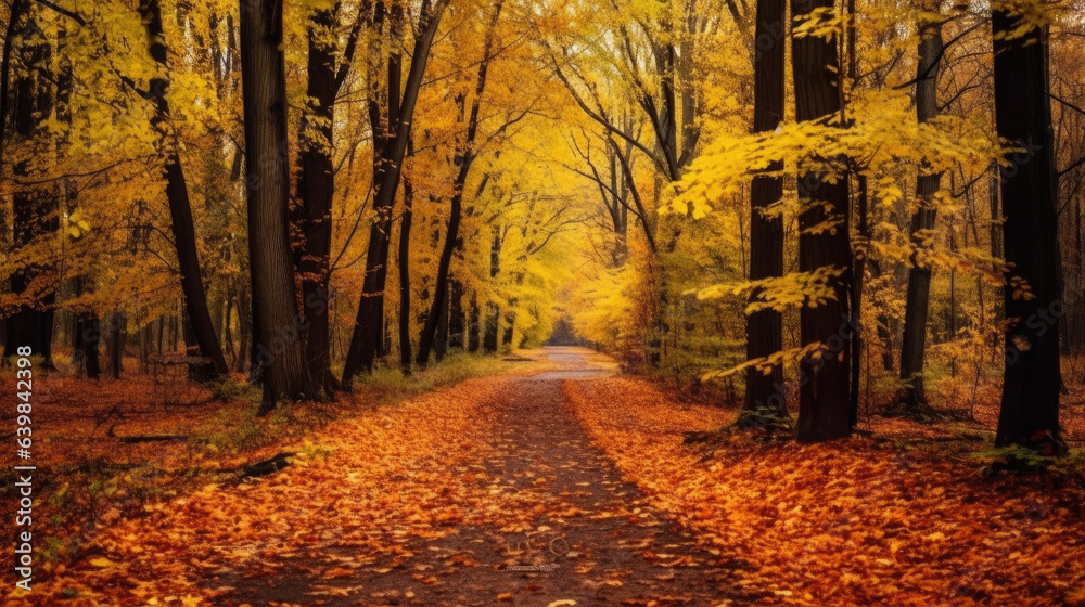 Autumn forest scenery with road of fall leaves & warm light illumining the gold foliage. Footpath in