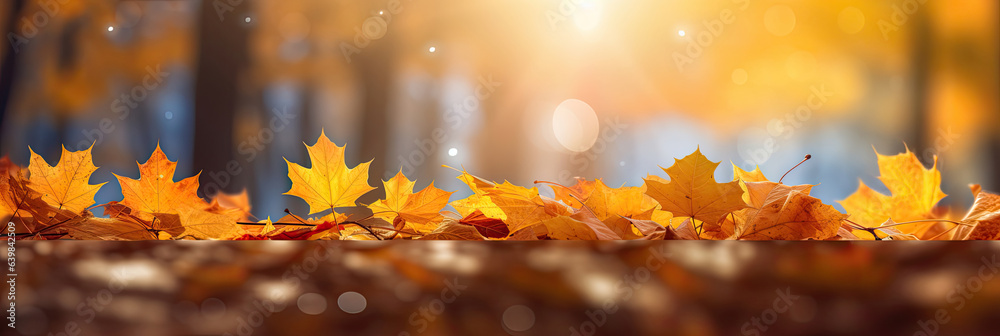 Autumn leaves on the sun and blurred trees for fall background. Generative Ai