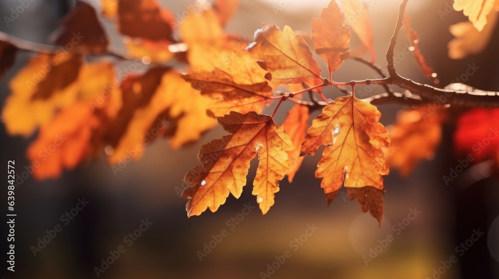 Autumn leaves on the sun and blurred trees for fall background. Generative Ai