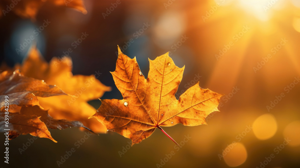 Autumn leaves on the sun and blurred trees for fall background. Generative Ai