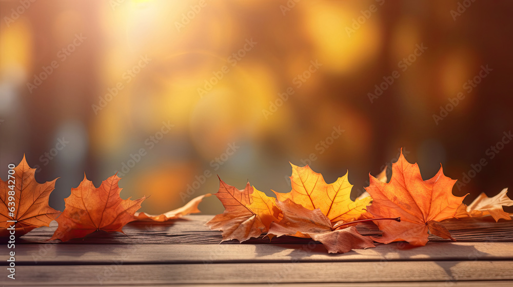 Autumn maple leaves on wooden table for fall blurred background. Generative Ai