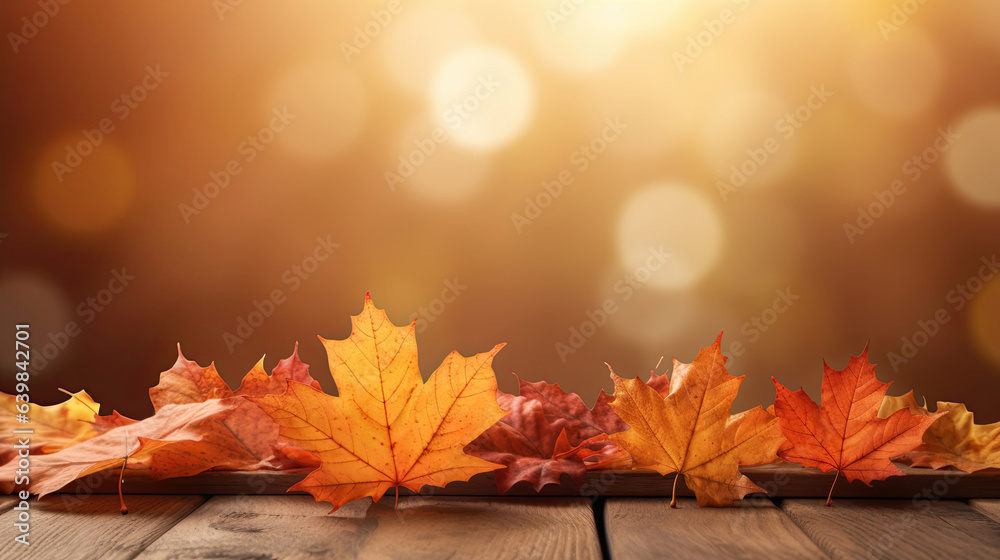 Autumn maple leaves on wooden table for fall blurred background. Generative Ai