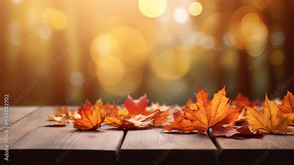 Autumn maple leaves on wooden table for fall blurred background. Generative Ai