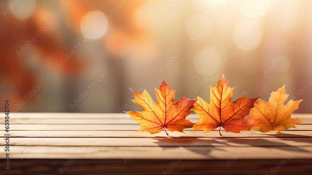 Autumn maple leaves on wooden table for fall blurred background. Generative Ai