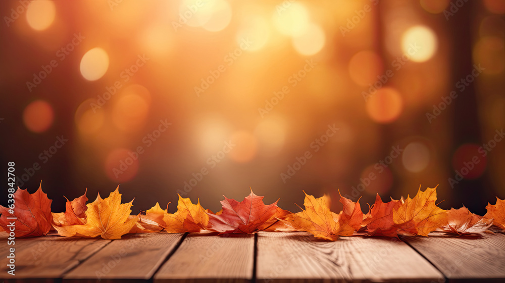 Autumn maple leaves on wooden table for fall blurred background. Generative Ai