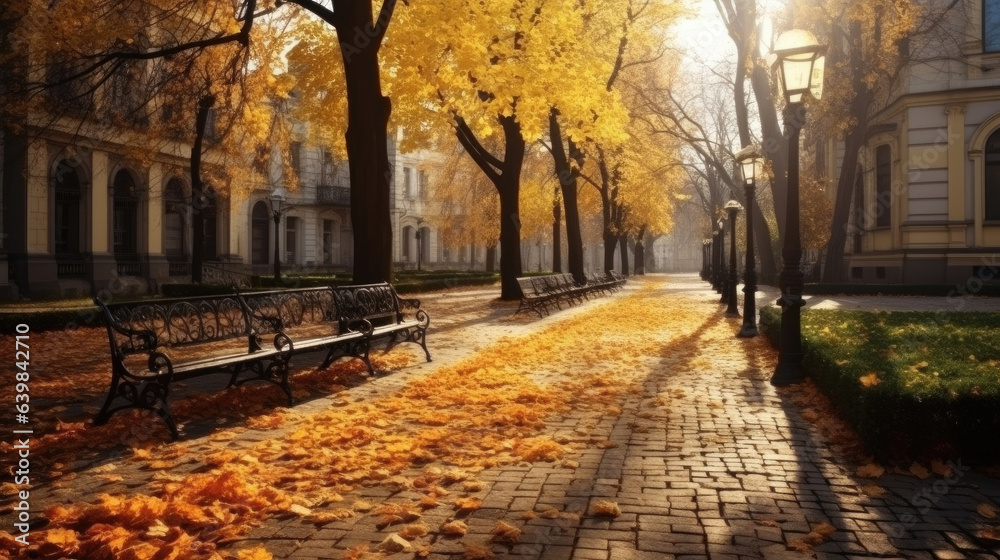 Autumn, Pathway in beautiful autumn city background. Generative Ai