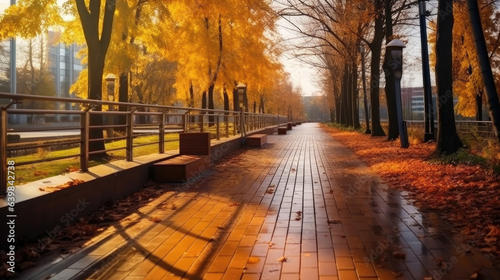 Autumn, Pathway in beautiful autumn city background. Generative Ai