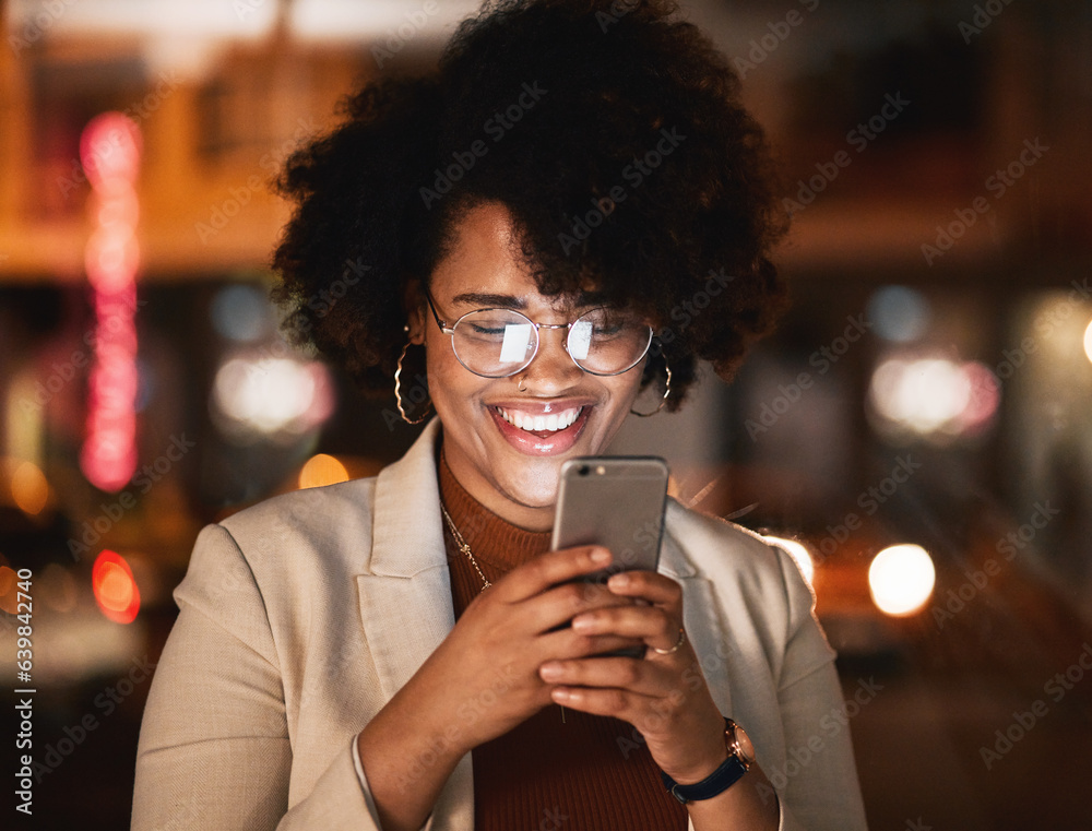 Reading, phone and African woman at night working in office with social media, meme or funny email o