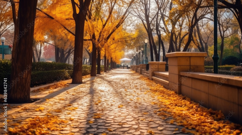 Autumn, Pathway in beautiful autumn city background. Generative Ai