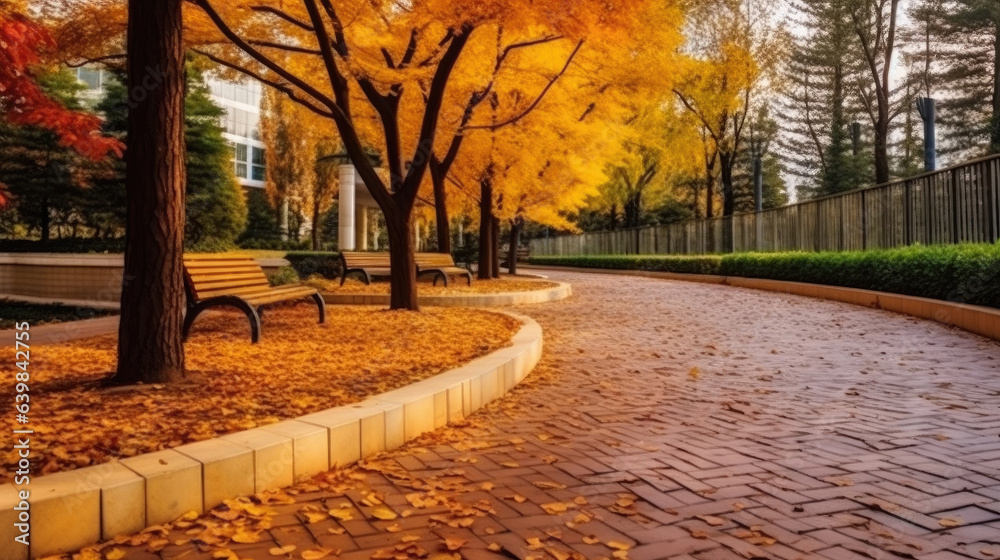 Autumn, Pathway in beautiful autumn city background. Generative Ai