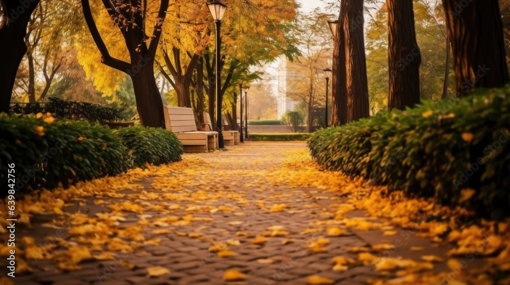 Autumn, Pathway in beautiful autumn city background. Generative Ai