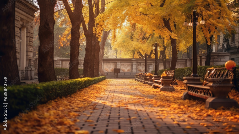 Autumn, Pathway in beautiful autumn city background. Generative Ai