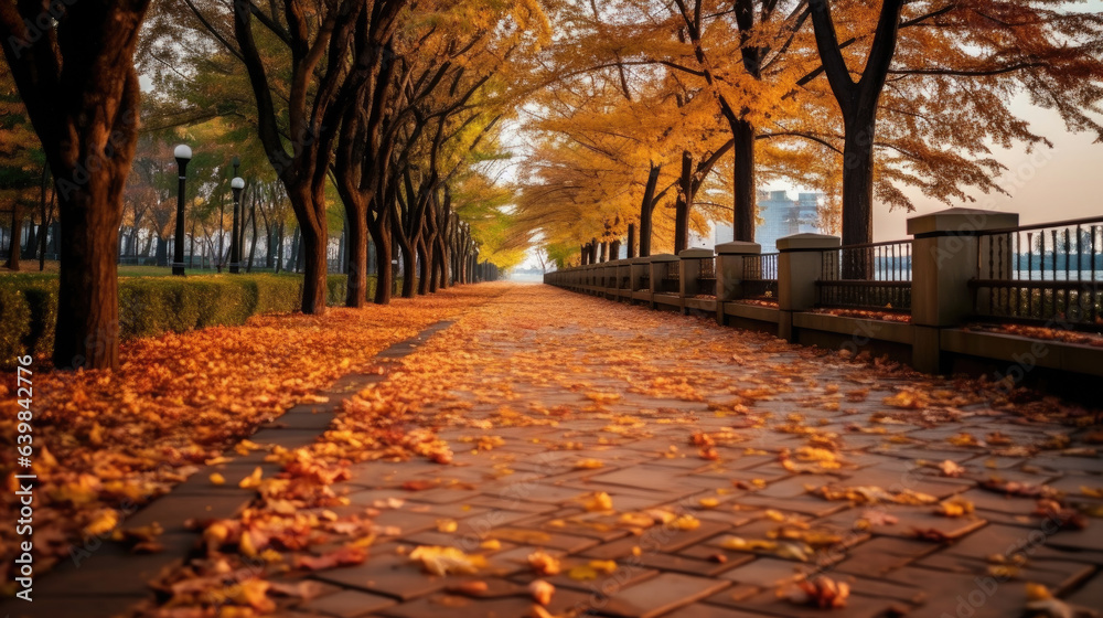 Autumn, Pathway in beautiful autumn city background. Generative Ai