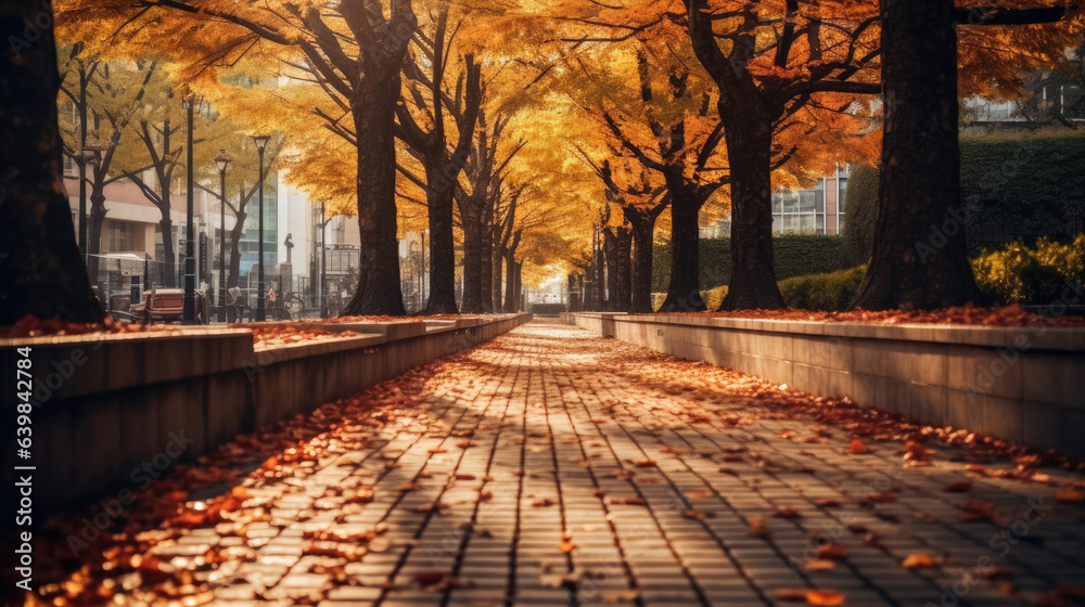 Autumn, Pathway in beautiful autumn city background. Generative Ai