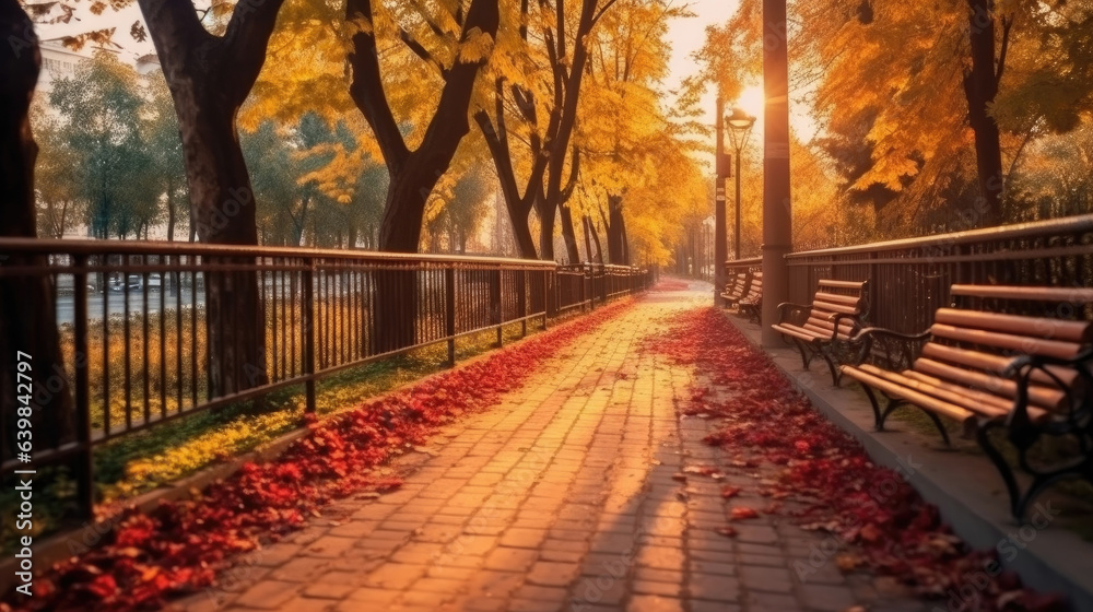 Autumn, Pathway in beautiful autumn city background. Generative Ai