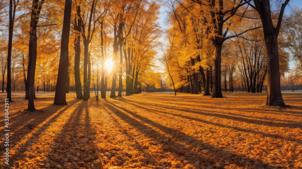 Autumn, Golden autumn scene in a park, with falling leaves, the sun shining through the trees and bl