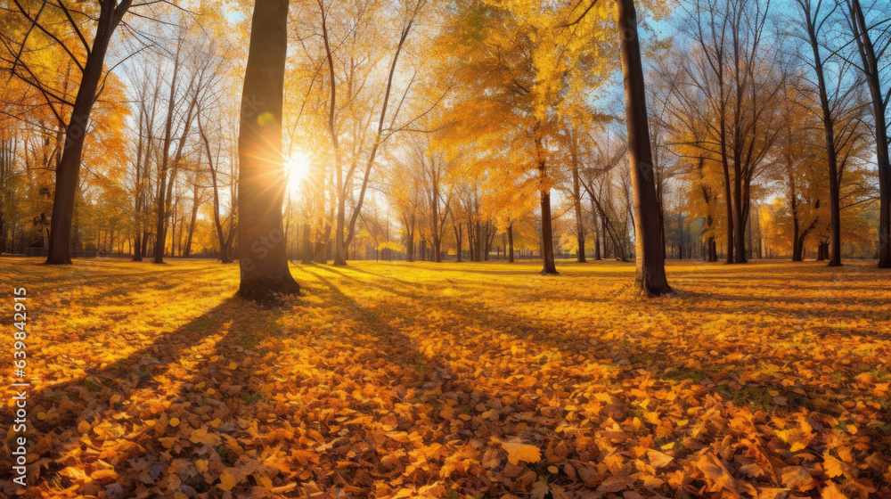 Autumn, Golden autumn scene in a park, with falling leaves, the sun shining through the trees and bl