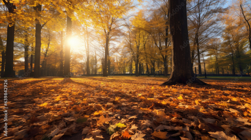 Autumn, Golden autumn scene in a park, with falling leaves, the sun shining through the trees and bl