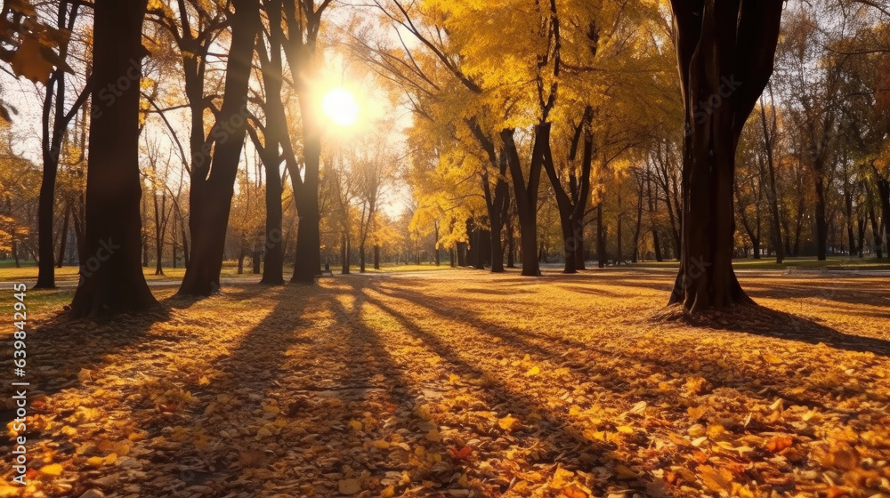 Autumn, Golden autumn scene in a park, with falling leaves, the sun shining through the trees and bl