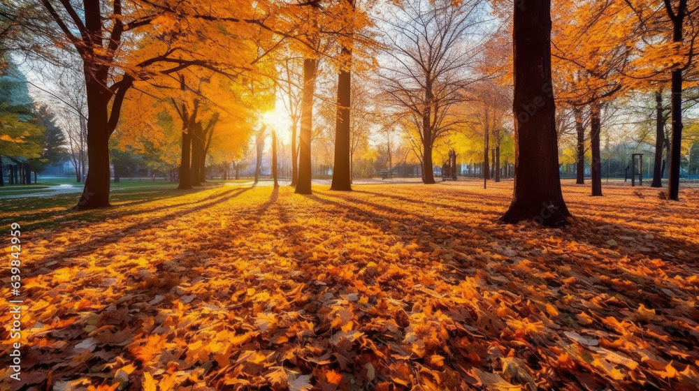 Autumn, Golden autumn scene in a park, with falling leaves, the sun shining through the trees and bl