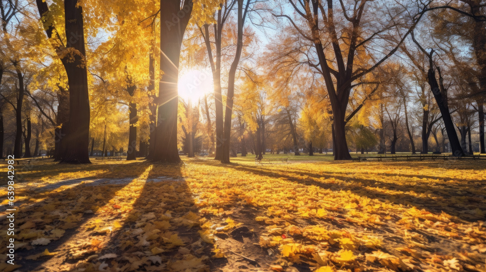 Autumn, Golden autumn scene in a park, with falling leaves, the sun shining through the trees and bl