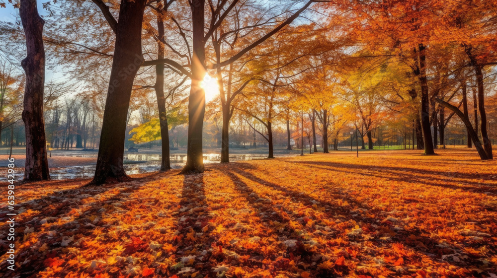 Autumn, Golden autumn scene in a park, with falling leaves, the sun shining through the trees and bl