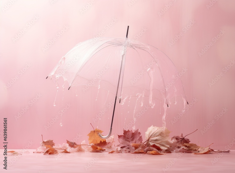 Pink background with autumn leaves and umbrella